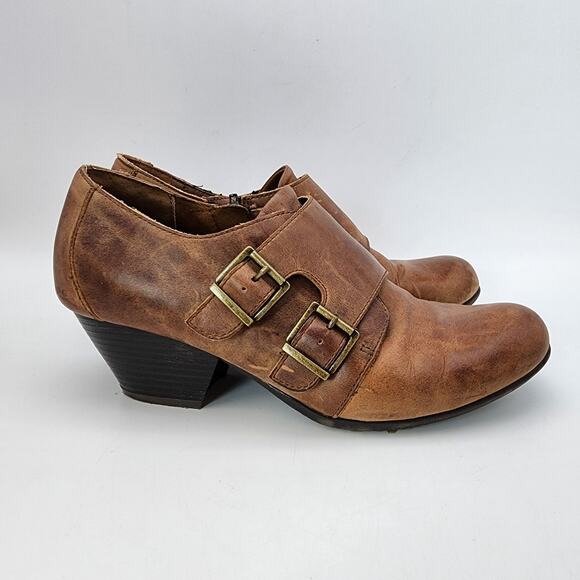 BOC Born Monkstrap Ankle Booties Size 9M Brown Leather Stacked Cone Heel Y2K - Picture 1 of 8